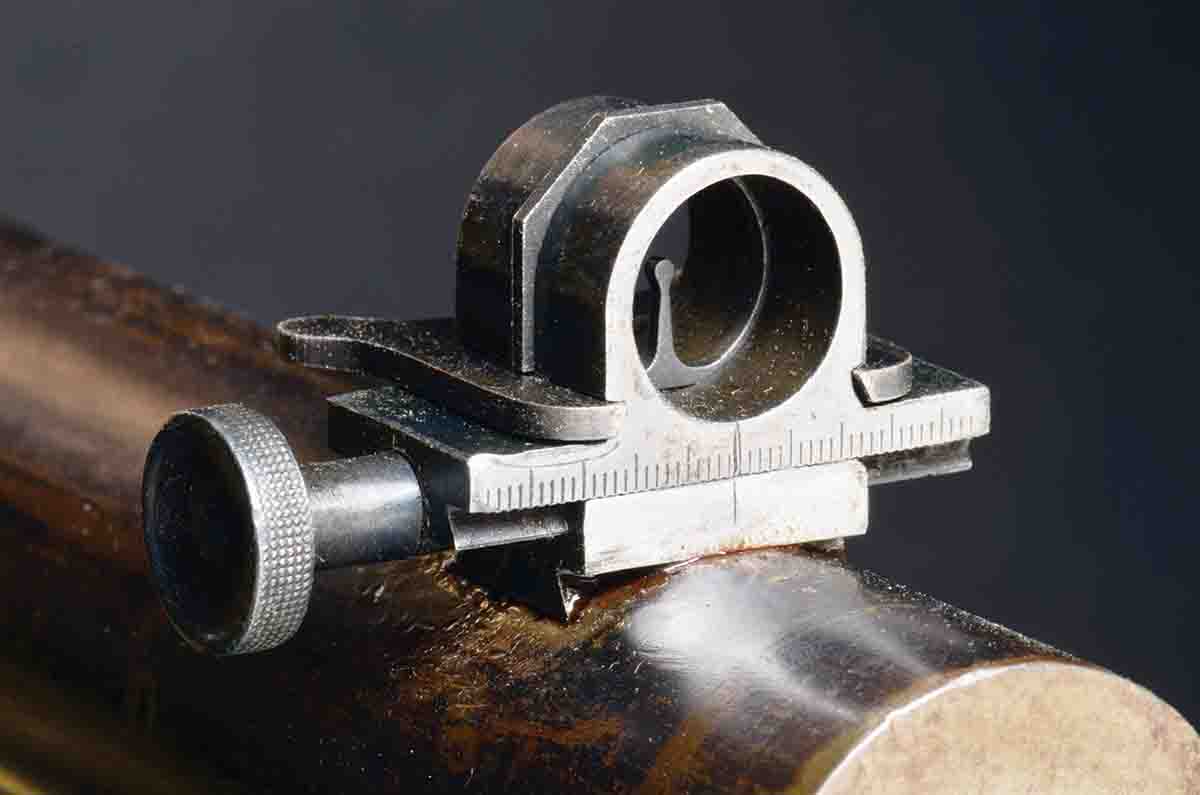 A Marlin wind gauge front sight. Milton Farrow was said to prefer a Beach sight, and always used a fine bead in preference to the more common aperture.